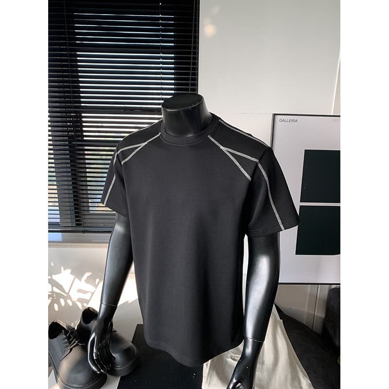 Men's Heavyweight Deconstructed Padded Shoulder Short Sleeve T-Shirt Summer Trendy High Street Design Cleanfit Five Quarter Sleeve