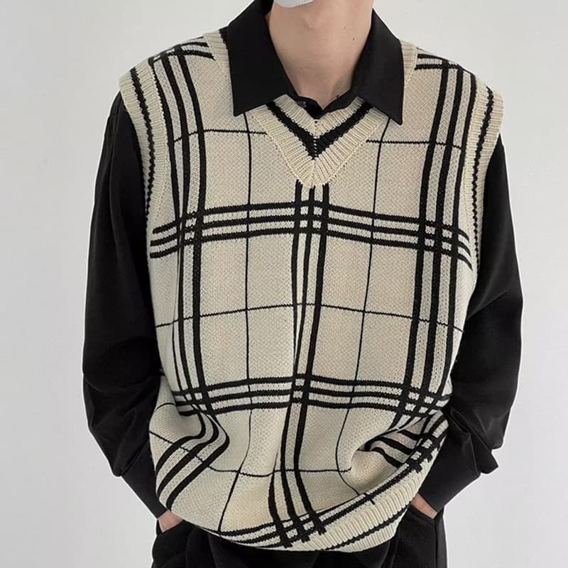 Men's Clothing Retro Plaid Sweater Vest Men's Autumn And Winter College Style Waistcoat V-neck Sweater Vest Stacked Coat