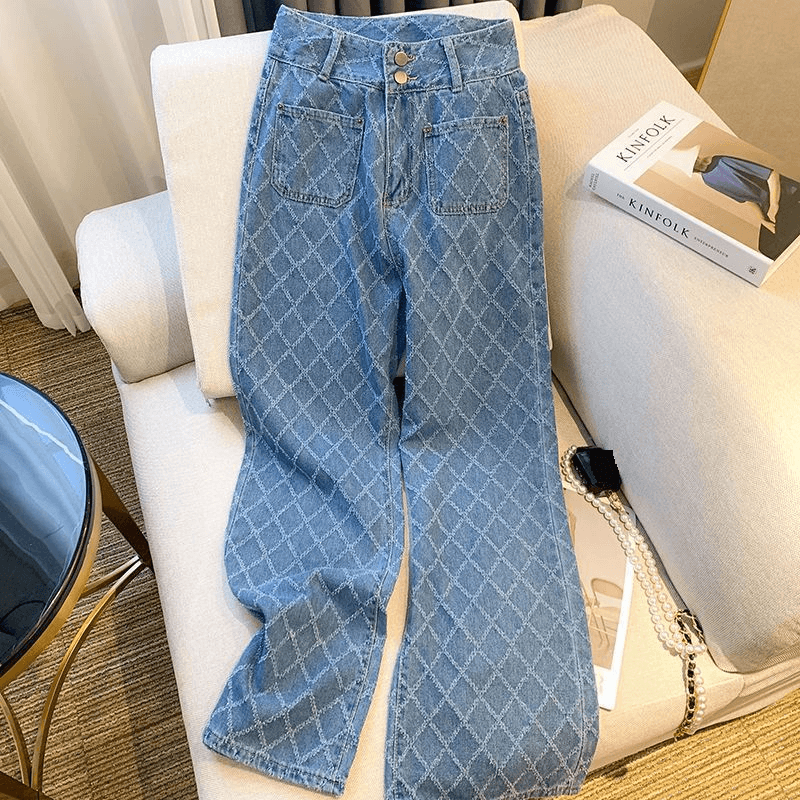 Women's Clothing Spring New Diamond Design High Waist Jeans Women's Loose Slimming Straight Wide Leg Trousers