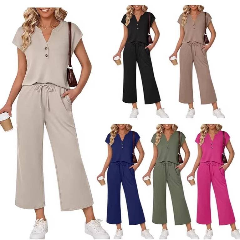 ​​Women's Casual Two-Piece Outfit – Stylish Short Sleeve T-Shirt & Cropped Pants Set For Spring, Beach Vacation & Cruise Wear​​