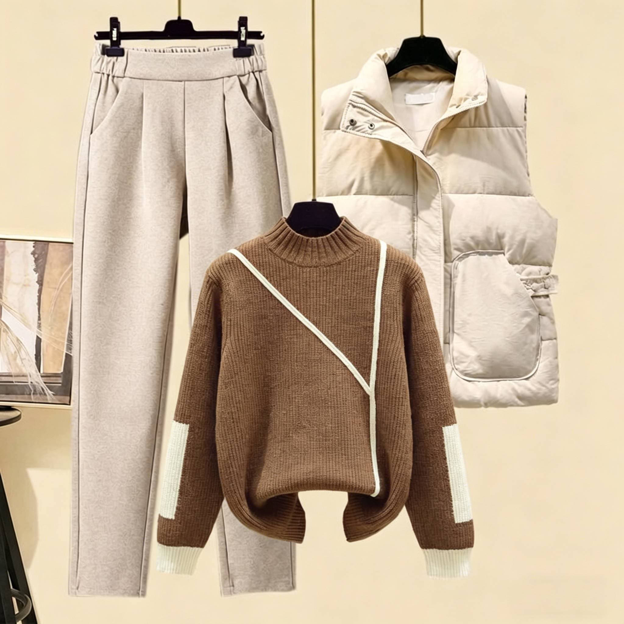 Women's Clothing Thickened Vest High Collar Knitted Sweater Carrot Pants