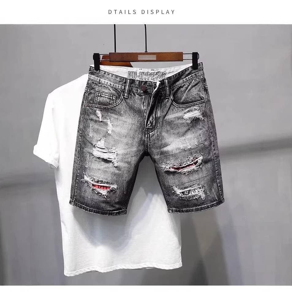 Men's Loose Straight Denim Shorts Korean Style Ripped Five Point Summer Casual Sports Wear Trend All Match