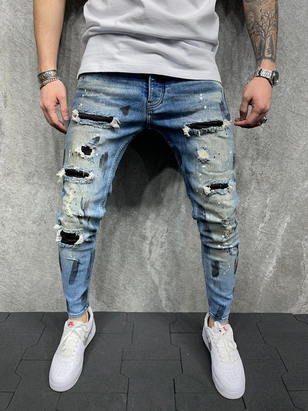 European New Men's Slim Fit Ripped Jeans Pants New Men's Paint Print Holes Denim Pants for Men