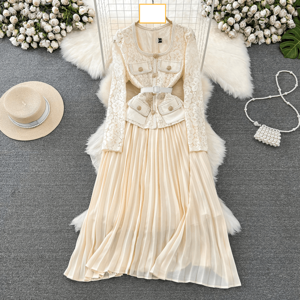 Women's Clothing of the socialite two piece long sleeved square collar lace patchwork receiving waist A line large swing pleated dress