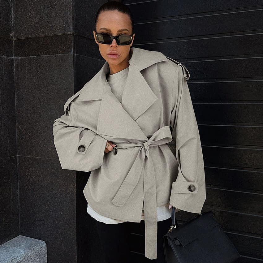 ​​Oversized Belted Trench Coat For Women – Lightweight Long Sleeve Duster (S-L, Beige) – Office & Casual Wear​​