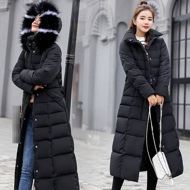 ​​Women's Long Puffer Coat With Faux Fur Hood - Slim Fit Thermal Jacket For Winter, Thickened Polyester Shell & Down Alternative Filling