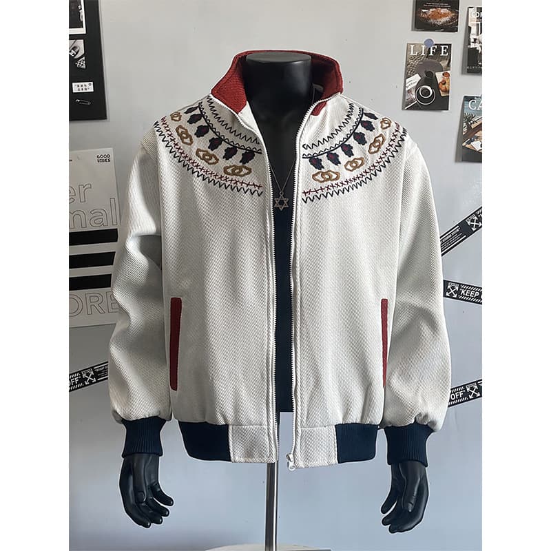 Men's Clothing Color Blocked Design, Ethnic Style Embroidered Stand Up Collar Jacket, Men's Autumn Fair Isle Knit Cardigan Coat Top