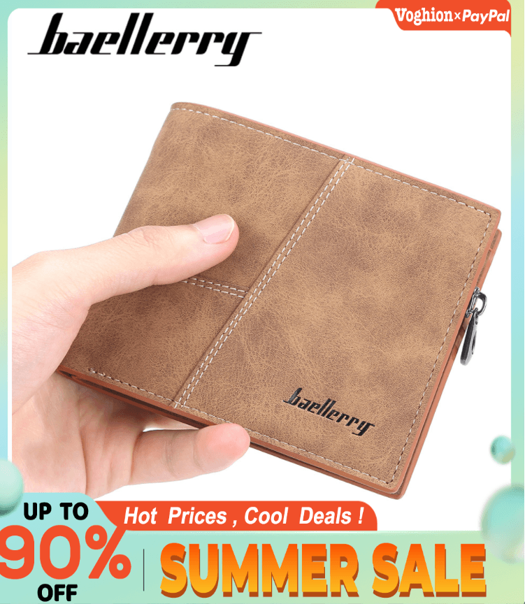 Baellery Men's Wallet Matte Short Money Clip Multi-Card Coin Purse Fashion Zipper Vertical Wallet Clip
