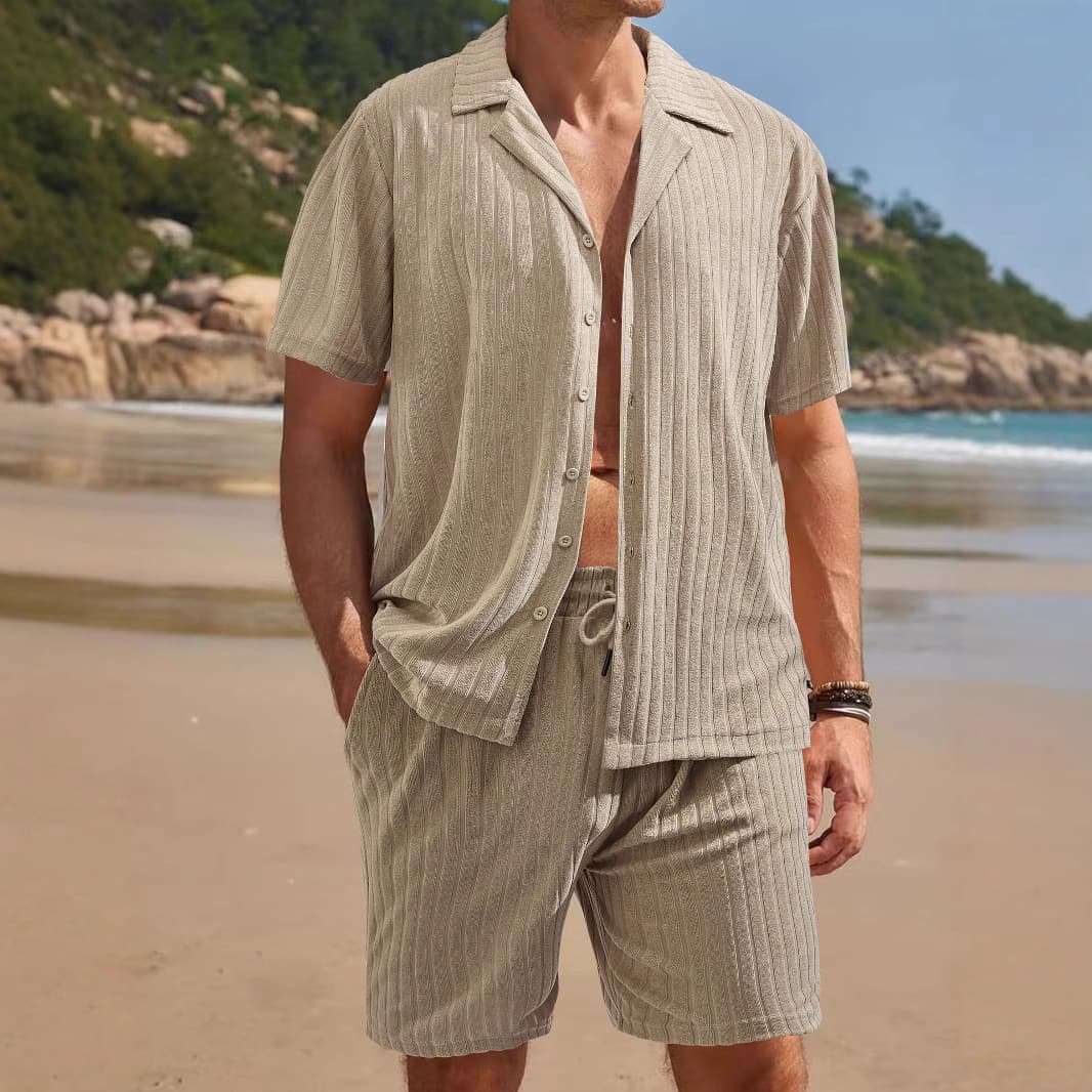 Men's Summer Casual Outfit - Short Sleeve Cardigan & Beach Shorts Set | Vacation Wear