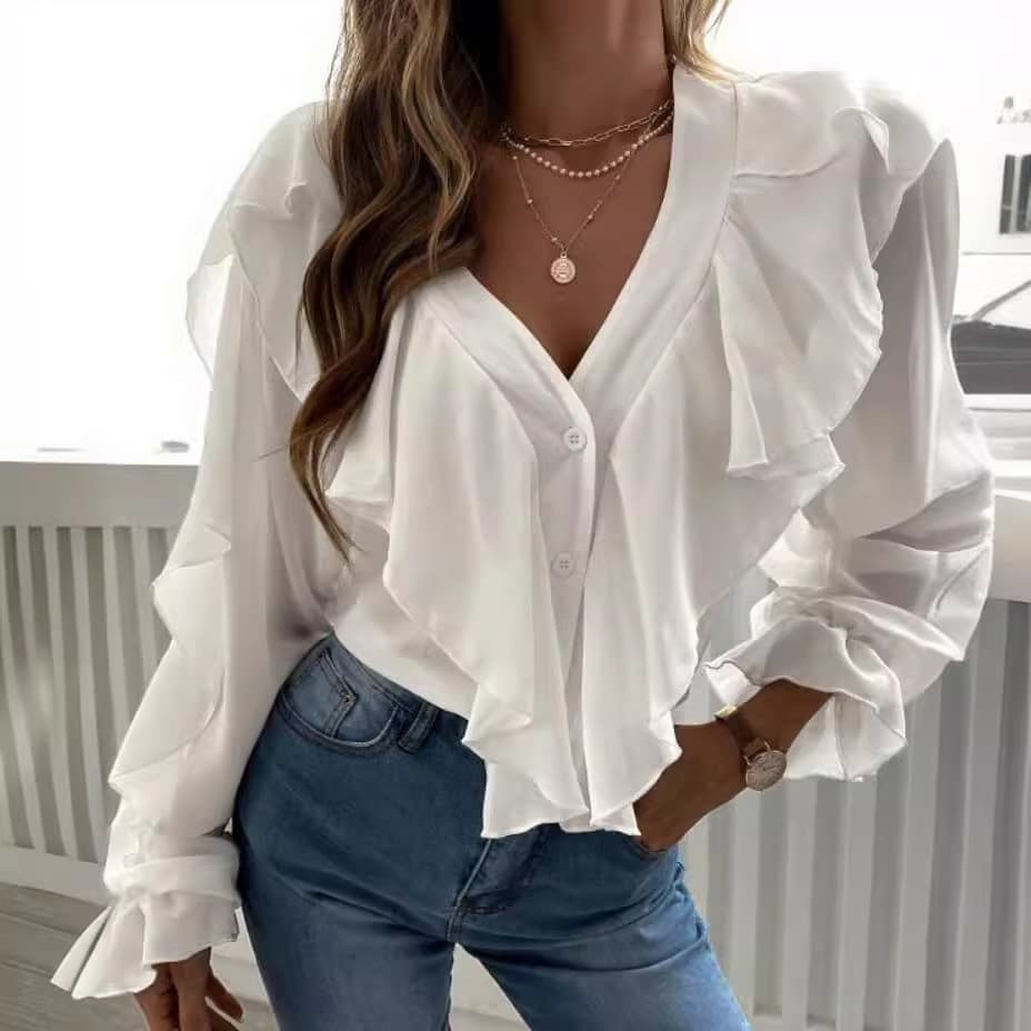 [Cotton Linen] Women's Clothing V-neck Ruffled Top Shirt With Long Sleeves