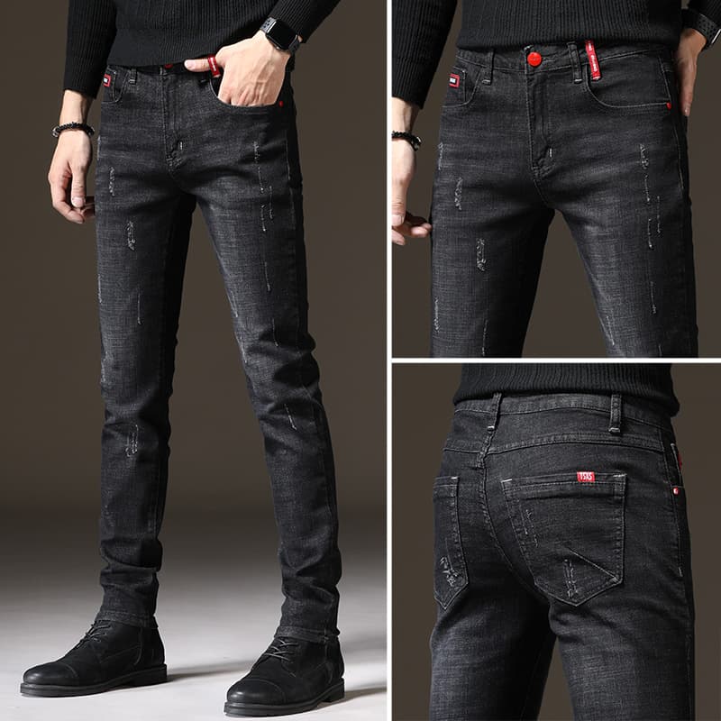 Jeans Feet Slim Fit Trendy Elastic Casual Black Popular Spring And Autumn Pants Men's Style