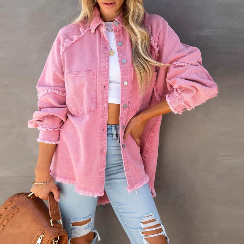 Women's Clothing Long Sleeved Denim Jacket For Women Washed Raw Edge Mid Length Loose Jacket