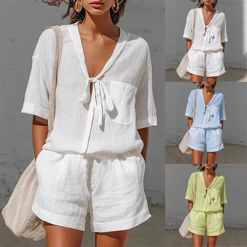 Women's Solid Color Casual Two Piece Set With Pockets Drawstring V Neck Loose Fit Short Sleeve Top And Shorts