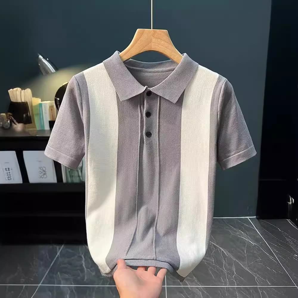 Men's Clothing Polo shirt men's short sleeve summer 2024 new lapel color matching striped knitted t shirt versatile slim trend