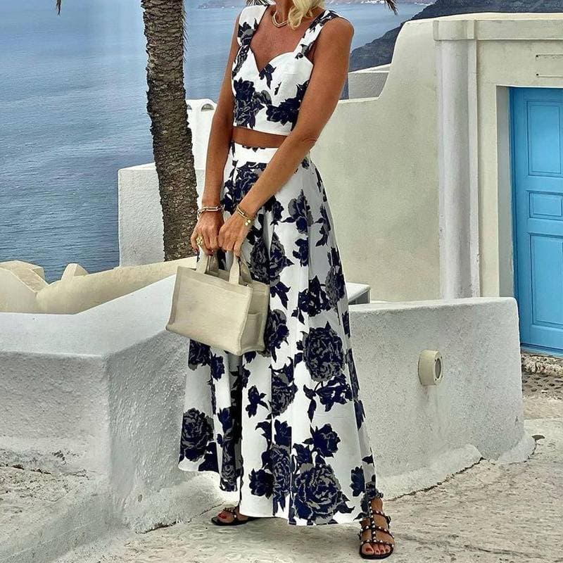 Women's Clothing Fashion Temperament Printed Midi-length Half-length Top and Skirt Two-piece Set
