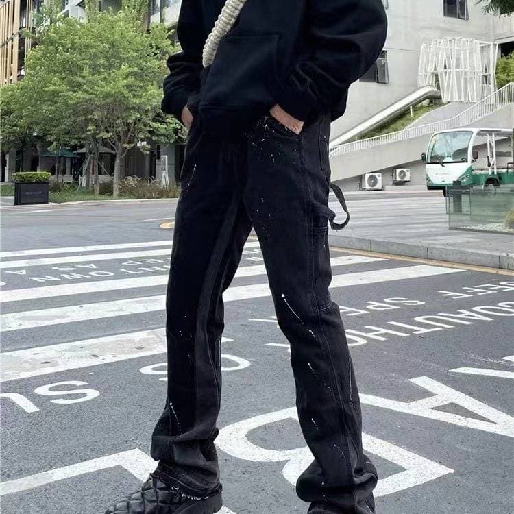 Men's Clothing High Street Ink Splashed Splicing Vibe Style Flared Jeans For Men And Women Ins Loose Floor Length Straight Trousers
