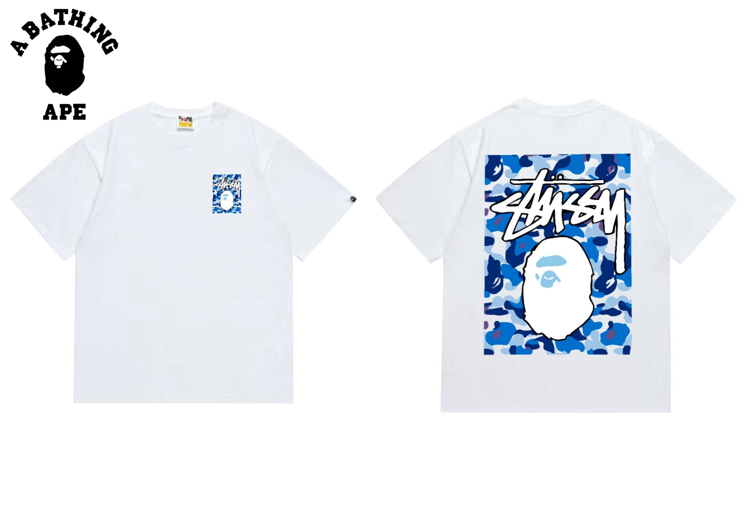 A BATHING APE BAPE-BAPE&Stussy Co Branded Stusey Letter Monkey Head Camouflage Printed T-shirt Made Of Pure Cotton Fabric