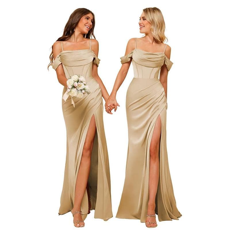 Women's Clothing Long Satin Bridesmaid Dresses Women Spaghetti Strap Ball Gown With Twill Banquet Evening Dresses