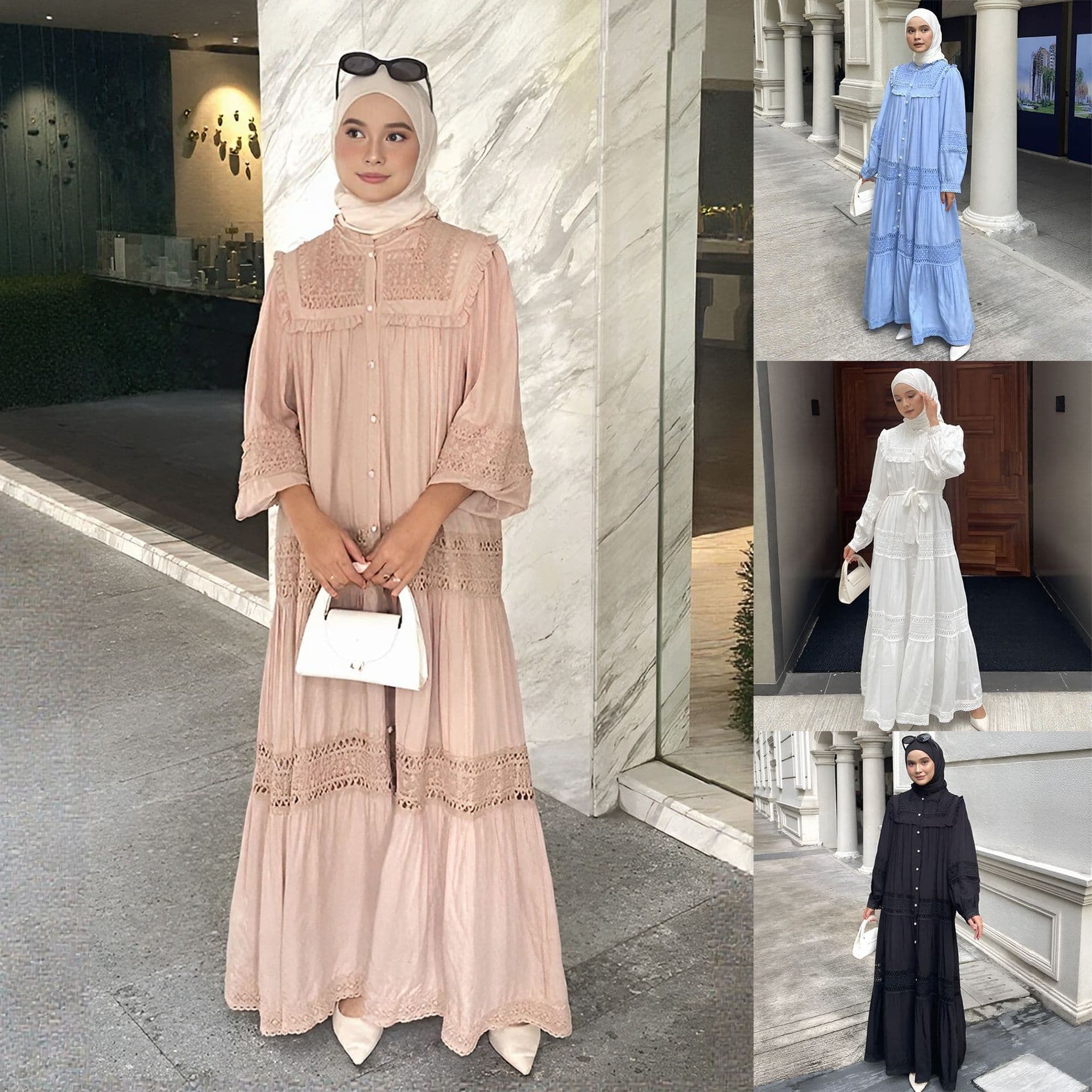 ​​Elegant Embroidered Maxi Dress – Modest Muslim Dress With Hollow Stitching & Cotton Blend (White/Black/Apricot/Khaki/Azure/Caramel/Green, S-L)​​