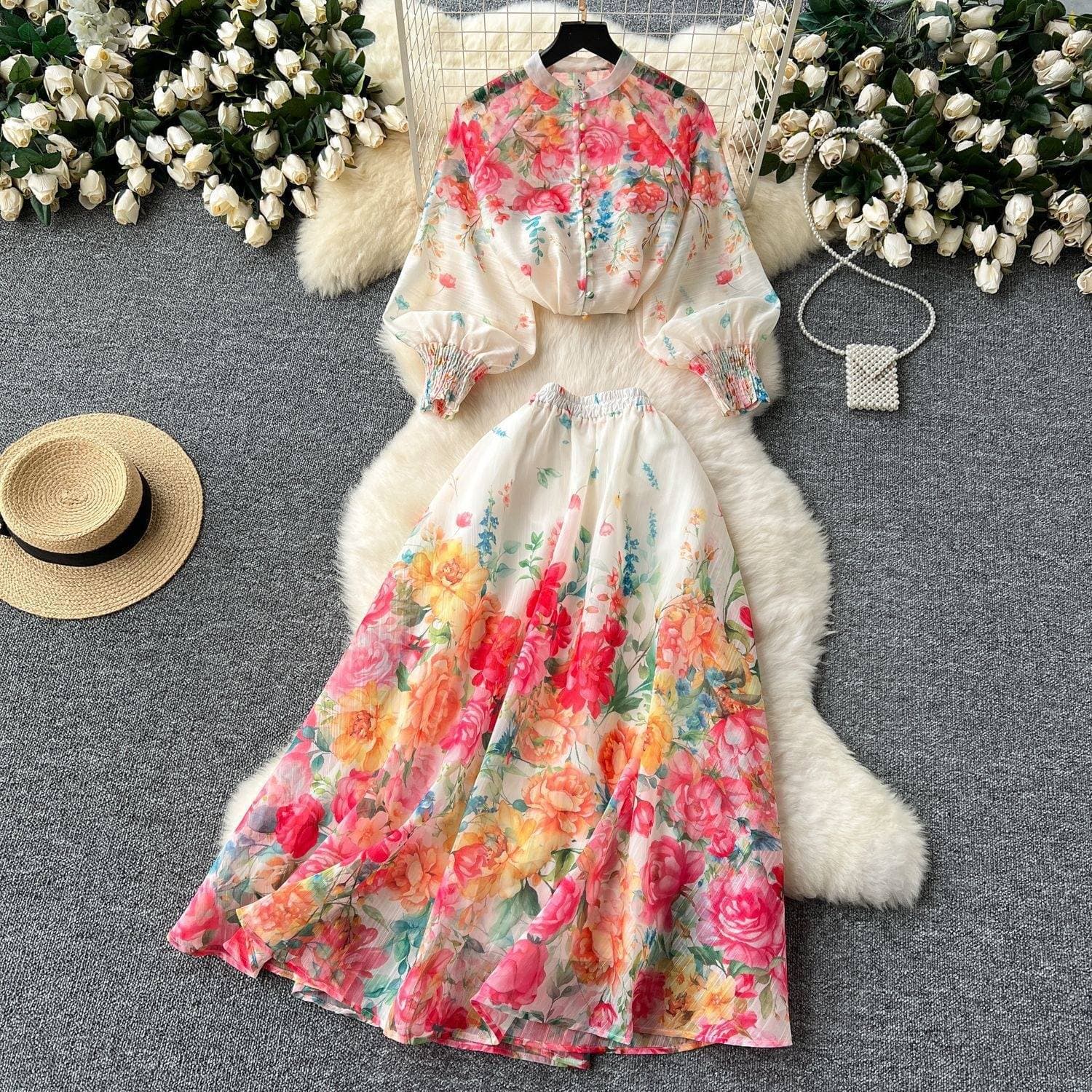 Women's Clothing Two Piece Suit Temperament Lantern Sleeve Button Down Slim Fitting Top High Waist Printed Mesh Skirt