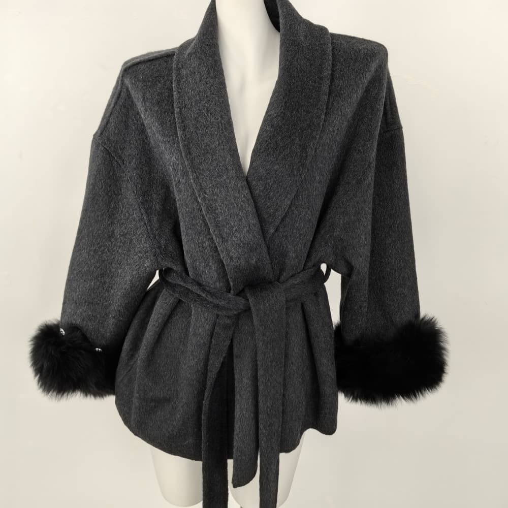 ​​Luxury Double-Faced Wool Coat With Real Fox Fur Cuffs – Short Winter Coat For Women, Lace-Up Design, Warm & Stylish