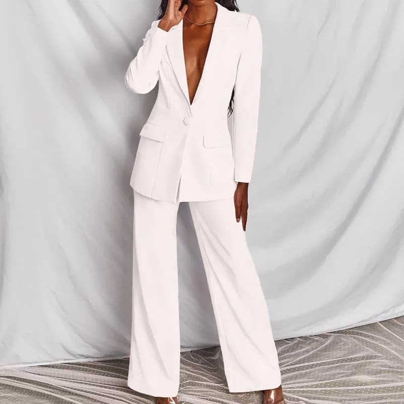 Elegant Women's Blazer & Pants Set – Stretch Poly-Cotton Office To Casual Suit (Black, White, Pink, Yellow, Blue, Brown, Rose, S-5XL)