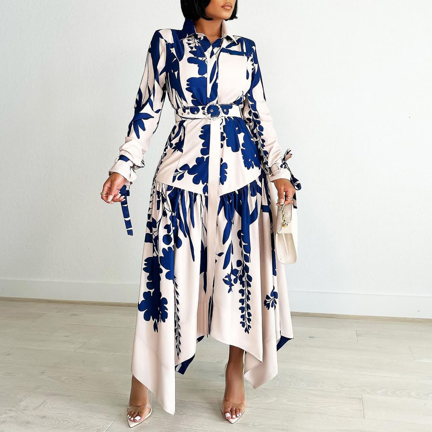 Women's Fashion Print Irregular Lapel Dress