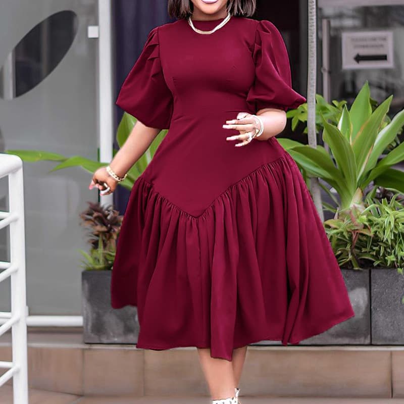 Women's Clothing pleated large size fashion puff sleeve dress