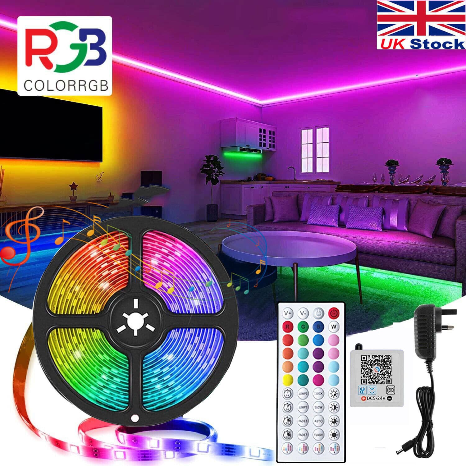 Ruban LED 5050 RVB de 5 à 20 m, couleurs changeantes, éclairage pour armoire, cuisine, Royaume-Uni