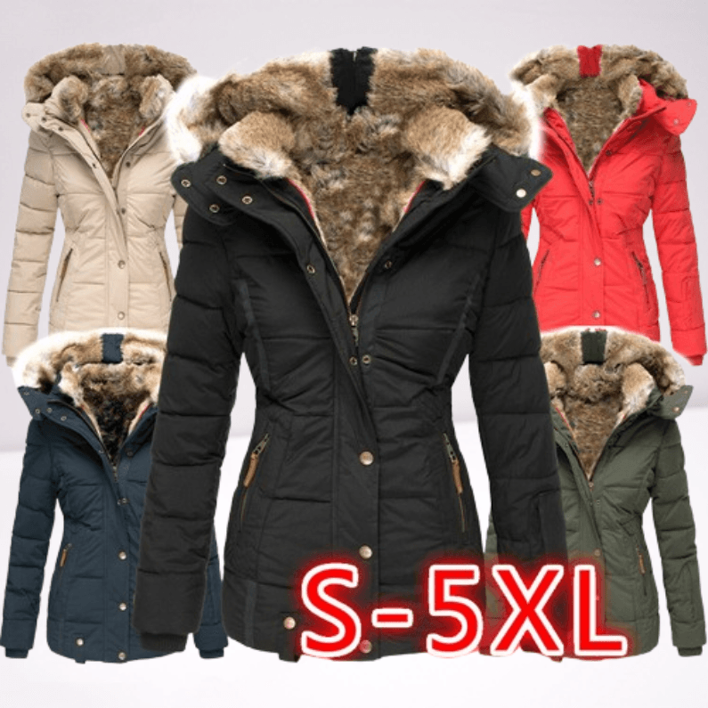 Women's Winter Fleece-Lined Hooded Coat With Faux Fur Trim, Slim Fit Zip-Up Long Sleeve Jacket For Cold Weather, Casual & Elegant Outerwear
