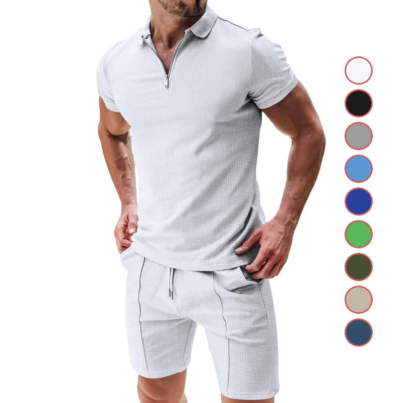 Men's Clothing Short Sleeve Shorts Casual Suit Summer Waffle Solid Color Casual Loose Lapel T Shirt Suit Men