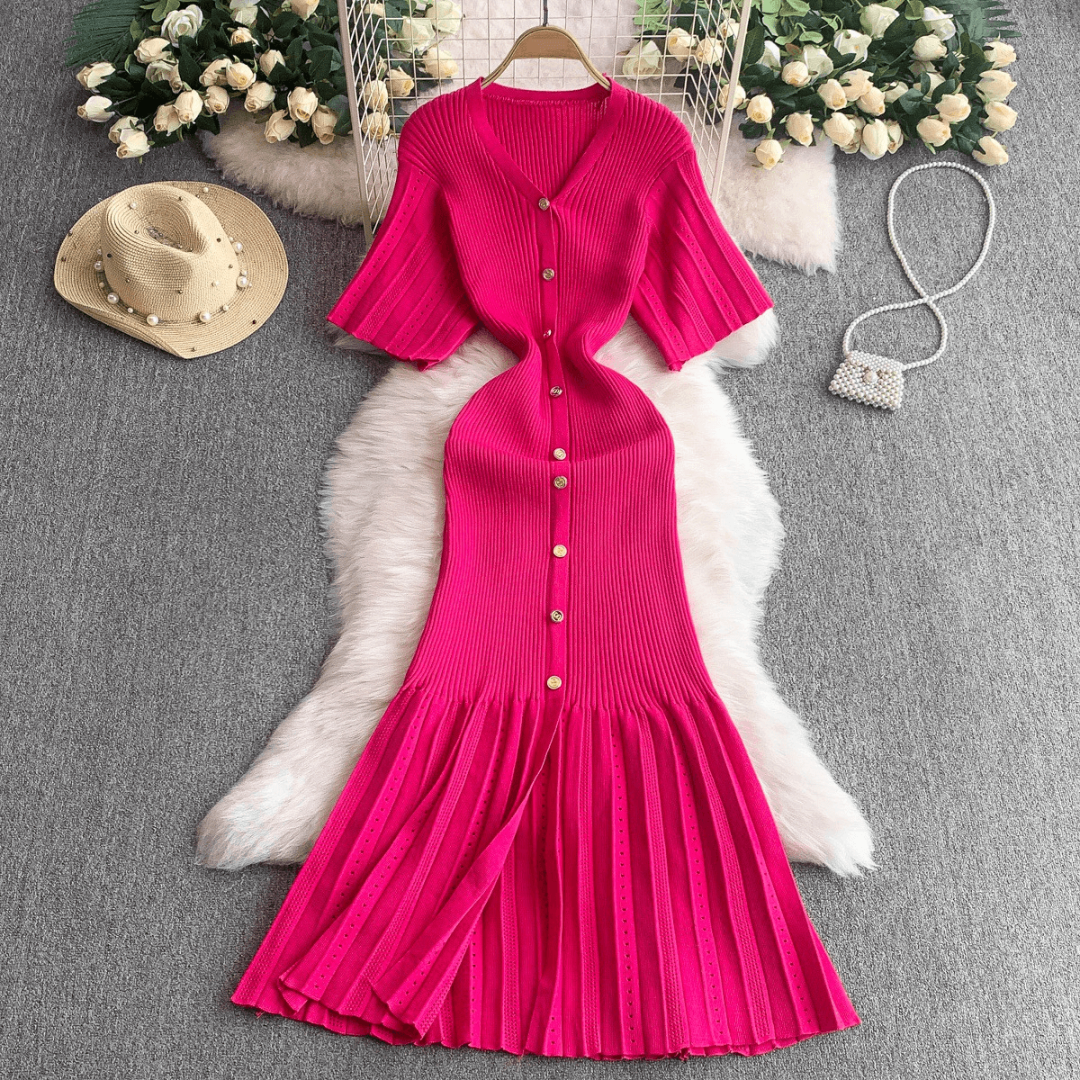 Women's Clothing Elegant V Neck Single Breasted Short Sleeved Dress Knitted Elastic Waist Hollow Fishtail Long Skirt