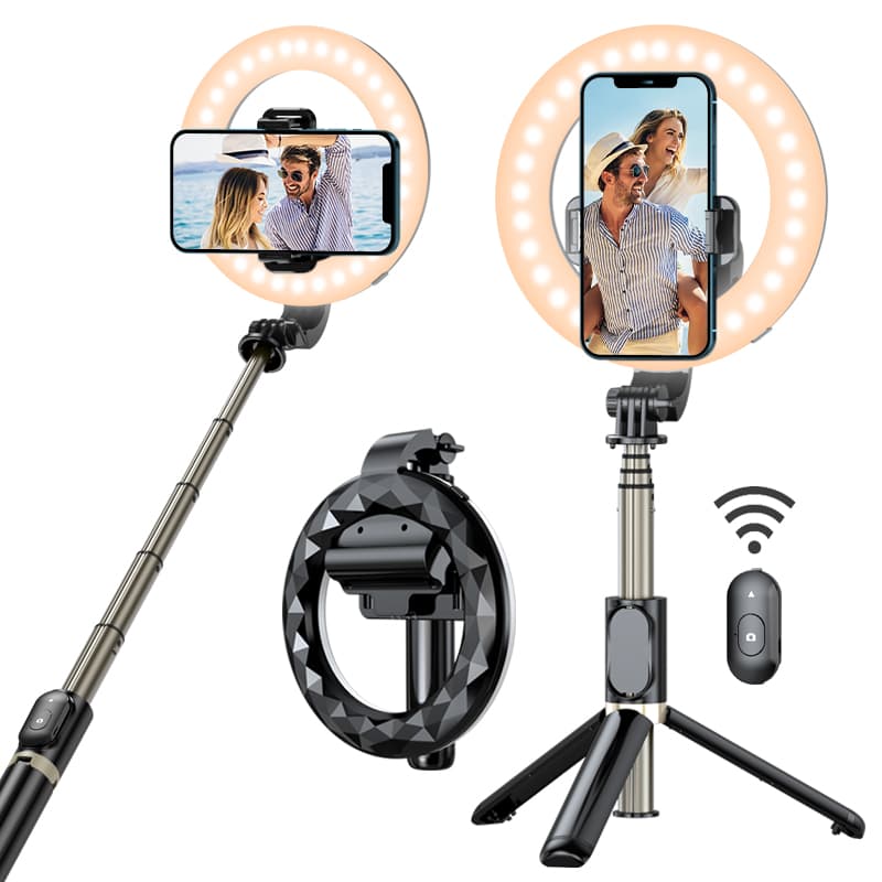 Self timer ring light with self timer stick, tripod phone holder, portable dimmable LED ring light
