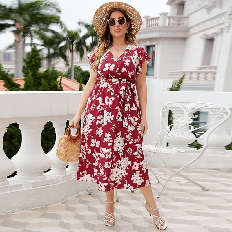 Women's V-neck belted large size red dress