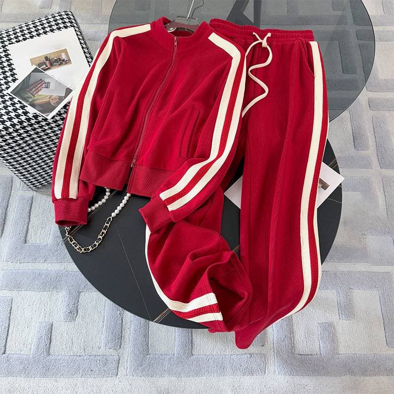 Women's Clothing Red Casual Sports Suit Autumn And Winter Dopamine Wear Baseball Jacket Slim Straight Pants Two Piece Suit