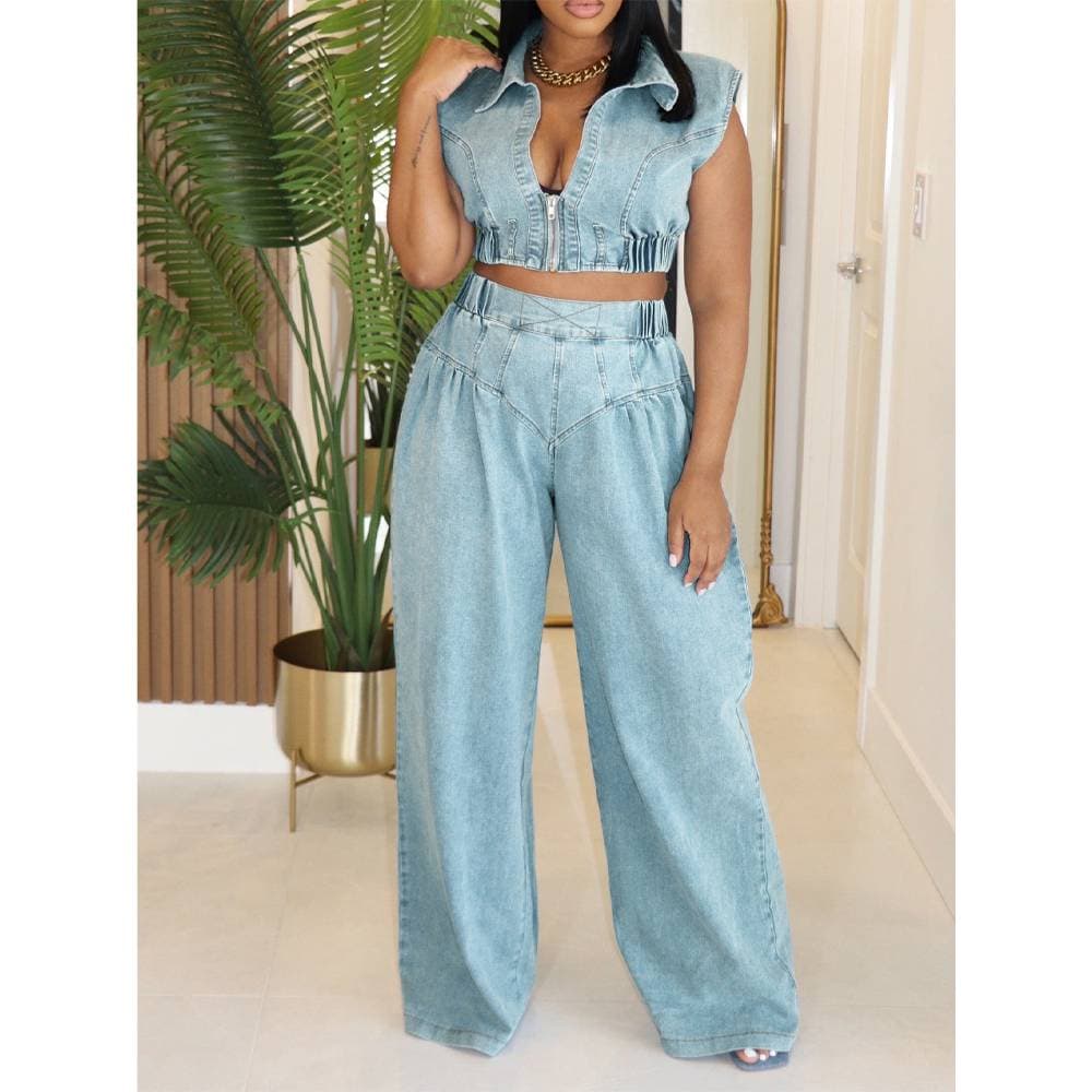 Women's Clothing Women's Jeans Suit Sexy Sleeveless Two Piece Loose Straight Summer