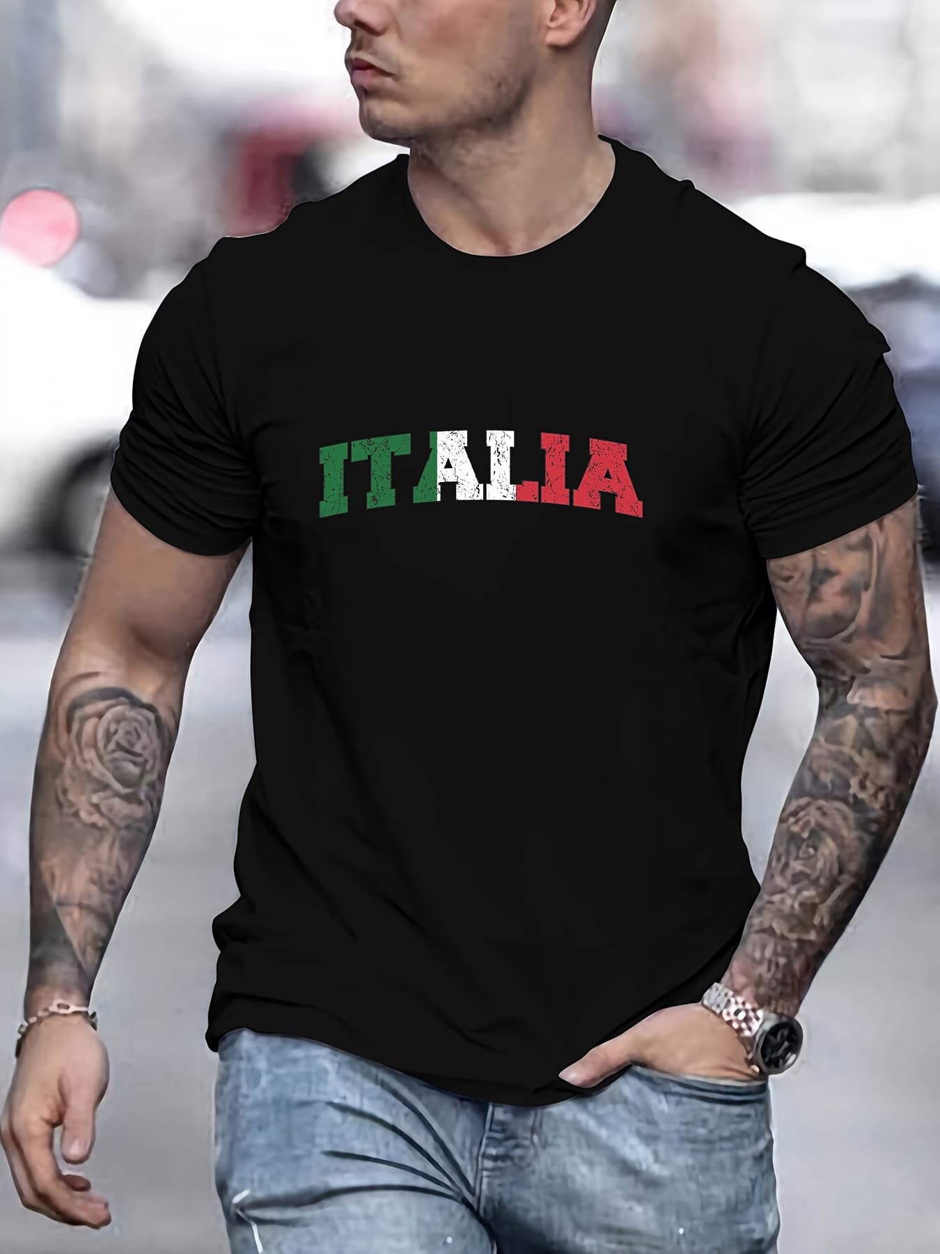 Men's Spring/Summer Fashion Short Sleeved T-shirt 100% Cotton Italia Print Casual Slim Fit Versatile Top