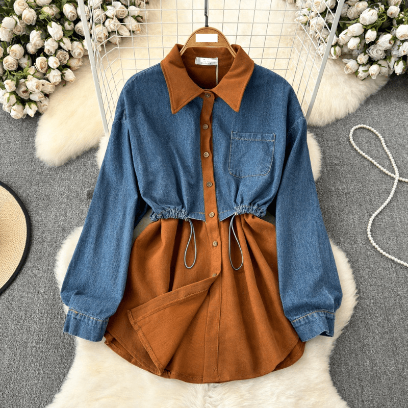 Women's two-piece long-sleeved denim splicing lapel waist tie shirt women's casual foreign style tops