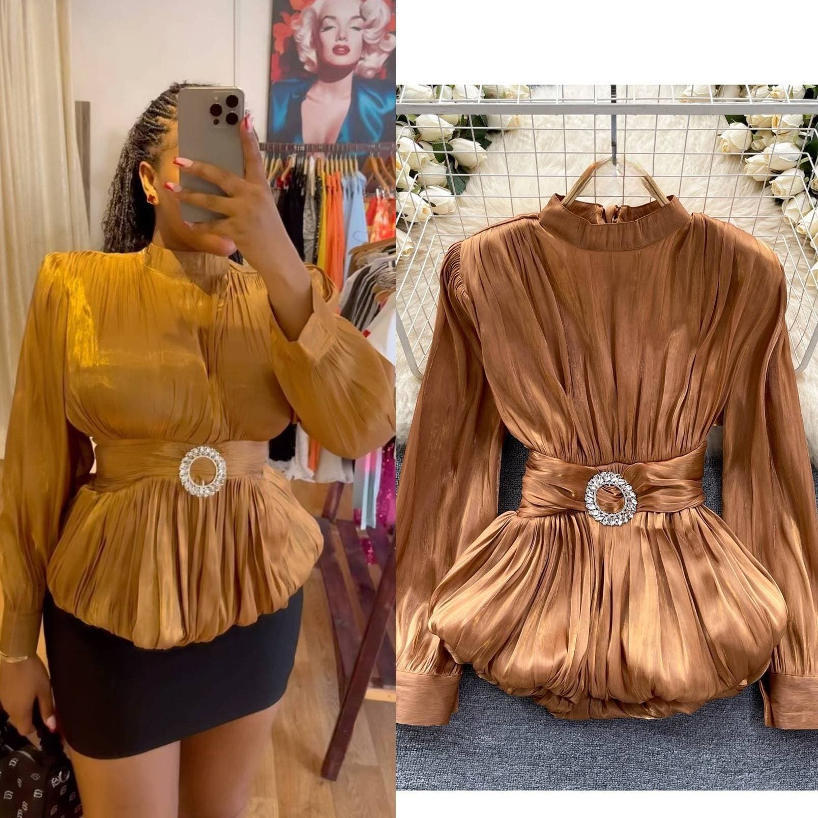Women's High-End French Waist Shirt Delicate Strap Design Unique Pleated Lotus Leaf Hem Casual Blouse For Spring/Autumn