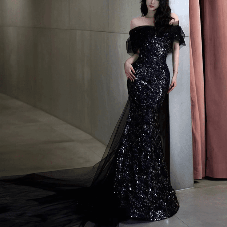 Women's Clothing Light Luxury Niche Temperament Catwalk Performance Clothing One Shoulder Dress Black