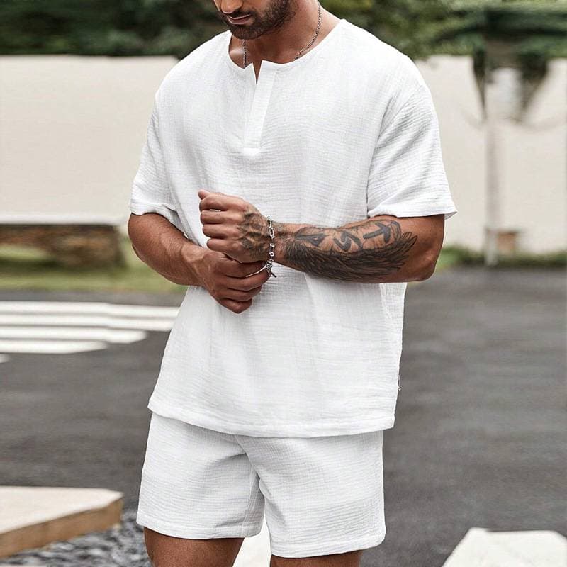 men's Clothing Summer Fashion Casual Solid Color Button Shirt Shorts Two-piece Men's Suit Wholesale