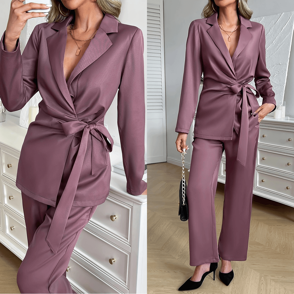 Women's Autumn And Winter Satin Solid Color Bathrobe Set