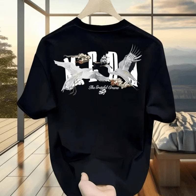 Men's Clothing Summer Gold Letter Poster Print Round Neck Street Trendy Cotton Loose Youth Casual Men's Short-sleeved Round Neck T-shirt