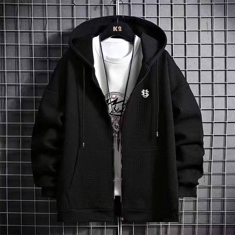 Men's Textured Hooded Sweatshirt - Trendy Letter Print Casual Jacket, Streetwear-Inspired Pullover With Unique Fabric Finish