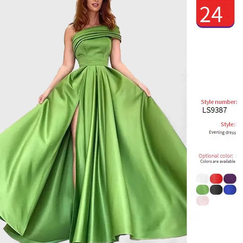 Women's One-Shoulder Satin Prom Dress With Slit – Elegant Ruffled Ball Gown For Evening Parties & Special Occasions