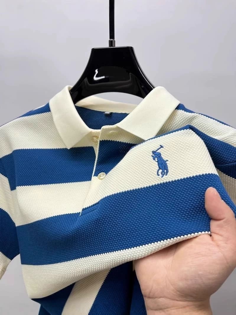 Polo rayé brodé pour homme, manches courtes