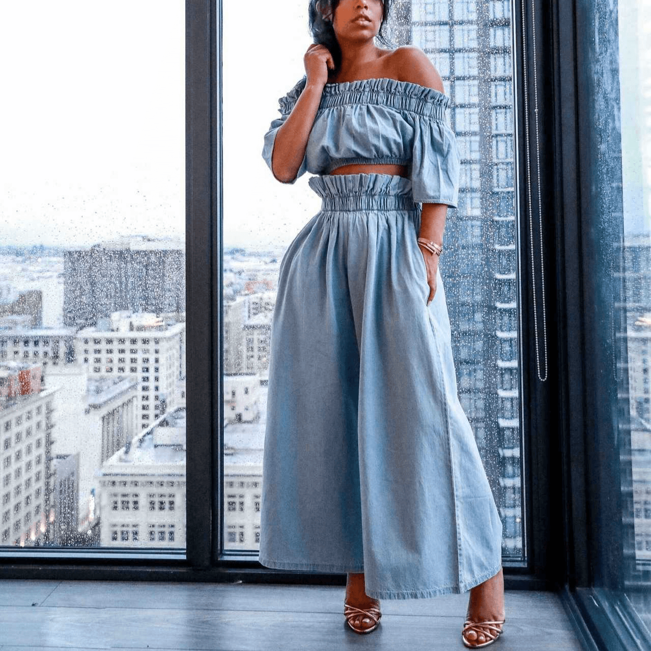 Women's Clothing One Shoulder Navel Baring Top Short Sleeved Wide Leg Solid Color Denim Suit For Women