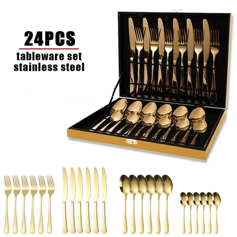 Luxury 24-Piece Gold-Toned Stainless Steel Cutlery Set – Elegant Wooden Gift Box For 6-Person Fine Dining With Steak Knives, Forks & Spoons