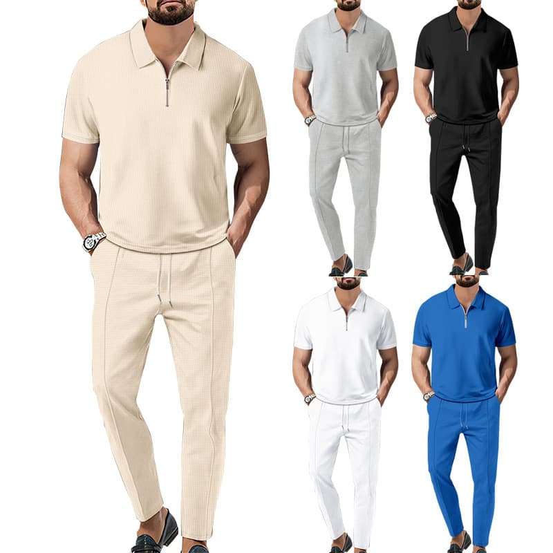Men's Clothing Autumn New Men's Solid Color Suit Waffle Lapel Short Sleeve Zipper Pants Suit