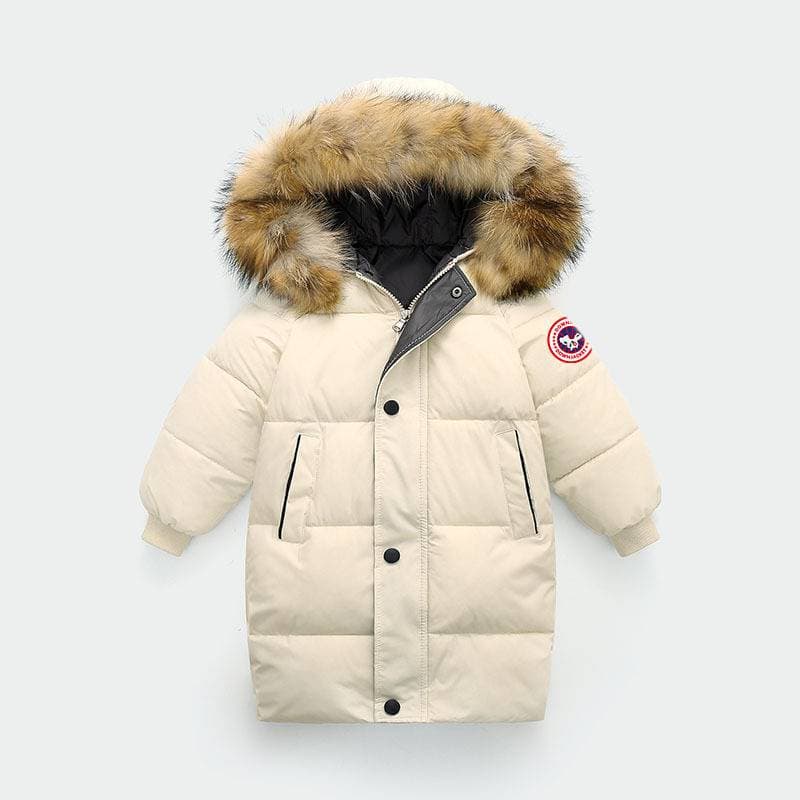 Kids' China Map Hooded Puffer Coat - Long-Length Winter Jacket With Detachable Faux Fur Trim, Thickened Windproof Outerwear